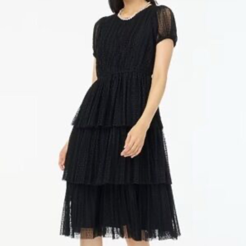 NWT J.Crew Factory Black Pleated Flock-Dot Tiered Tulle Midi Dress, 4